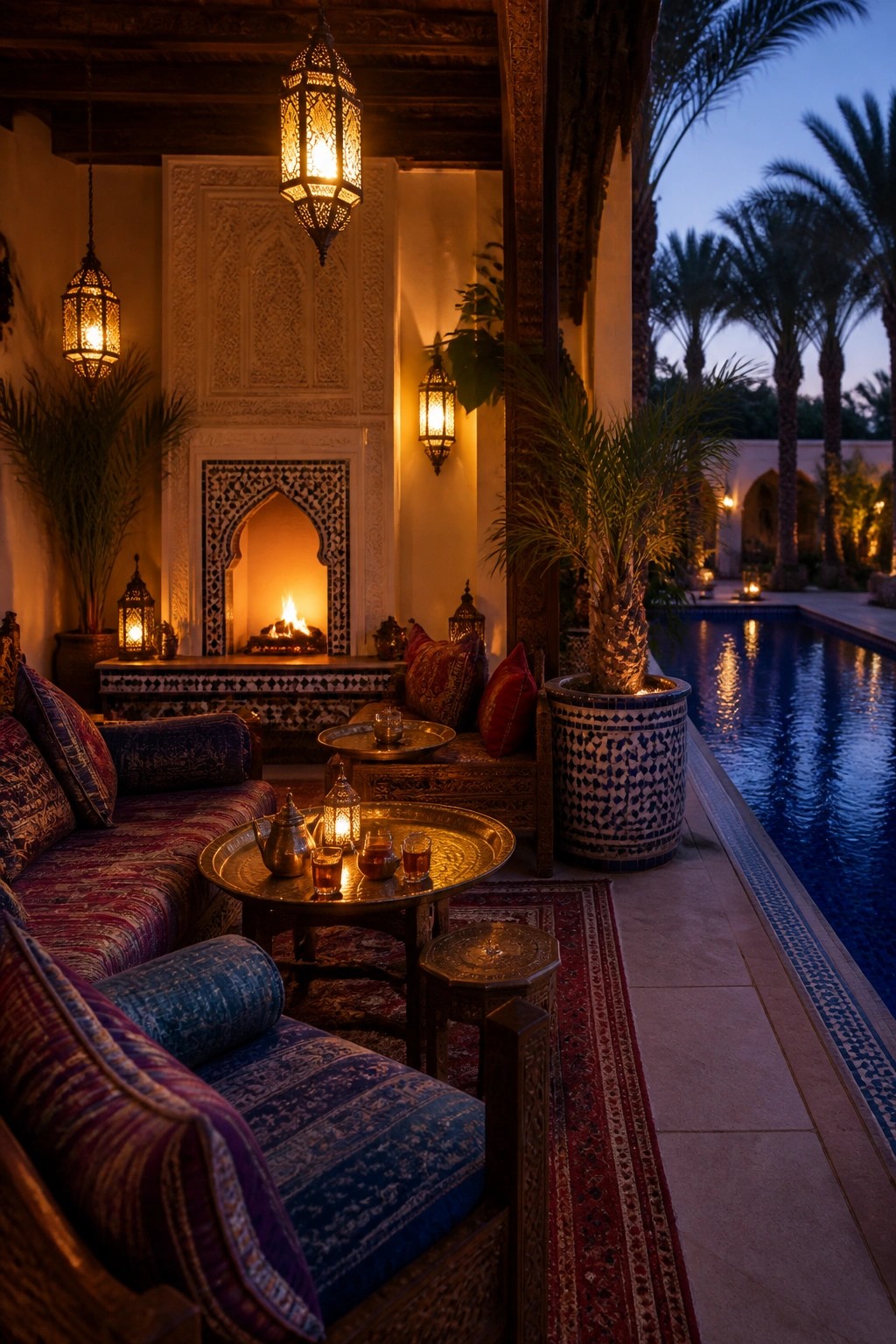 An outdoor lounge area with low patterned seating, metal trays, hanging lanterns, a fireplace, and a pool bordered by potted palms at dusk.
