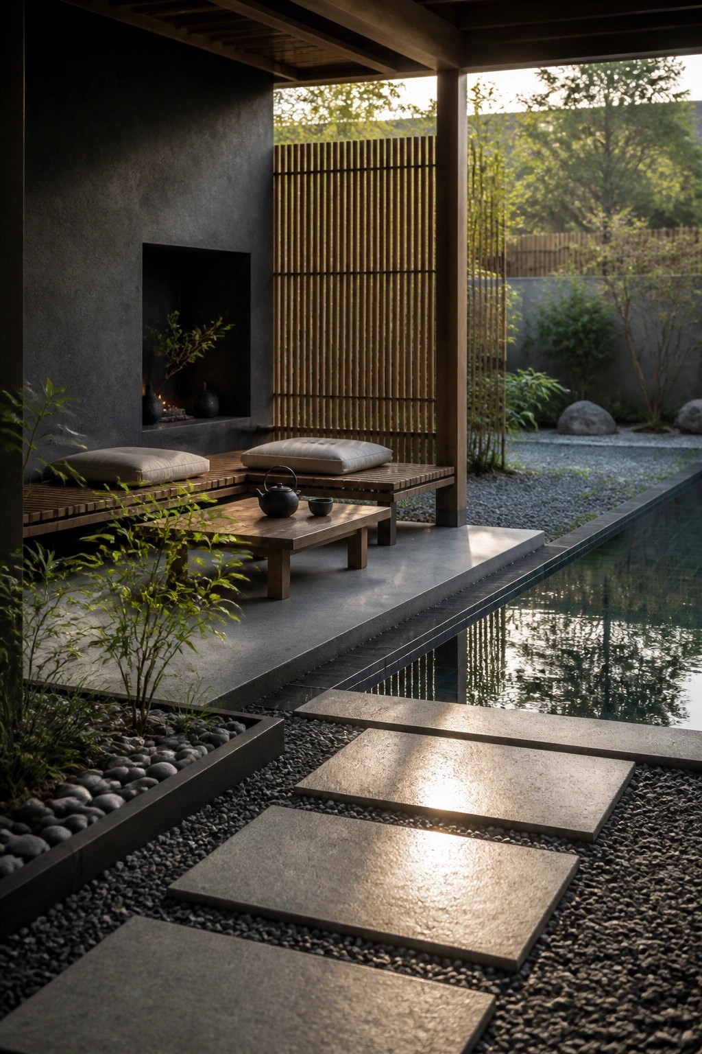Minimalist zen patio with wooden benches, tea set, reflecting pool, and stepping stones
