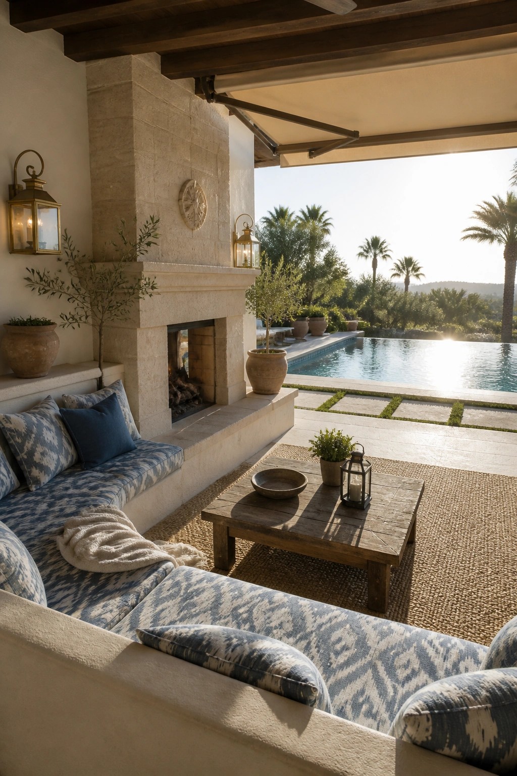 A covered patio with a large stone fireplace, built-in bench seating with blue patterned cushions, a wooden coffee table, and a swimming pool visible beyond.