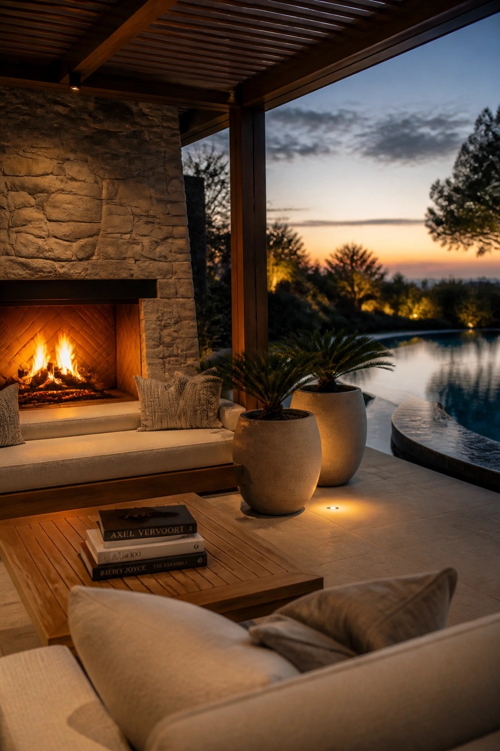 A covered outdoor seating area with a stone fireplace, cushioned bench, wooden coffee table, and large potted plants next to a swimming pool at dusk.