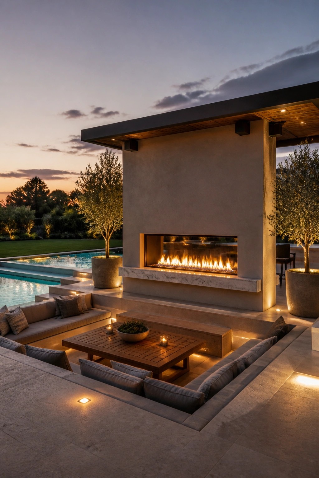 Outdoor patio with a built-in fireplace wall, U-shaped lounge seating, wooden coffee table, and adjacent swimming pool at dusk.