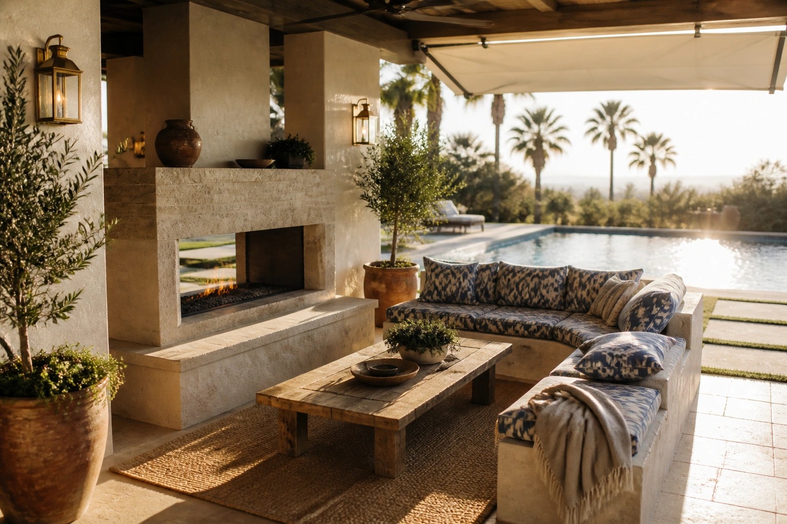A covered patio with a large stone fireplace, built-in bench seating with blue patterned cushions, a wooden coffee table, and a swimming pool visible beyond.