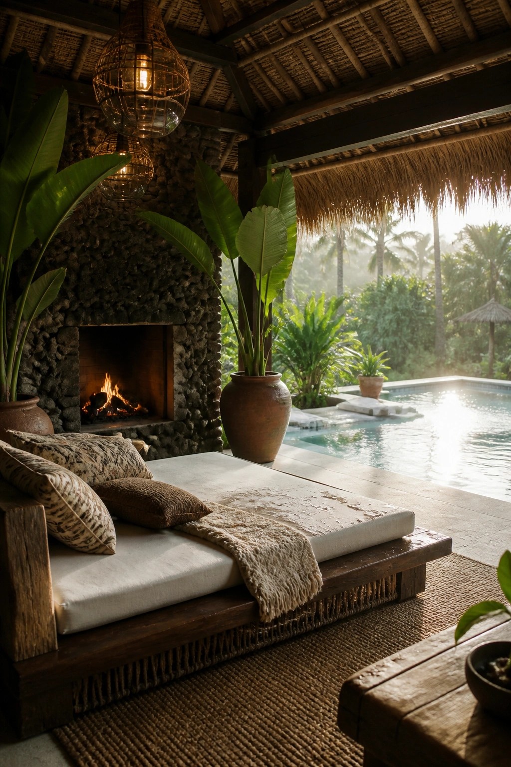 An outdoor lounge area with a stone fireplace, wooden daybed with cushions and throw, potted plants, and a swimming pool visible beyond the covered space.