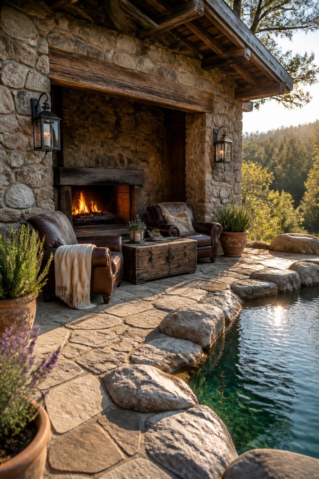 Stone patio with a large fireplace, two leather armchairs, a wooden trunk table, and stepping stones leading into a pool.