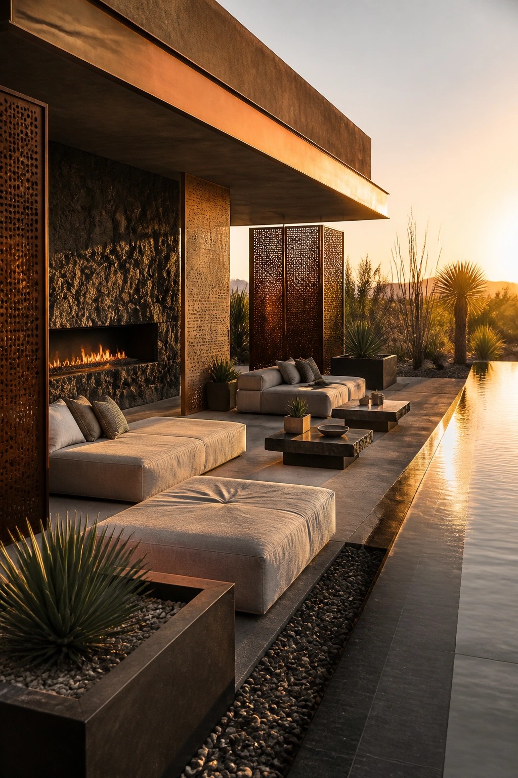 Outdoor lounge area with modular sofas, a built-in fireplace in a stone wall, and a long reflecting pool beside desert plants at sunset.
