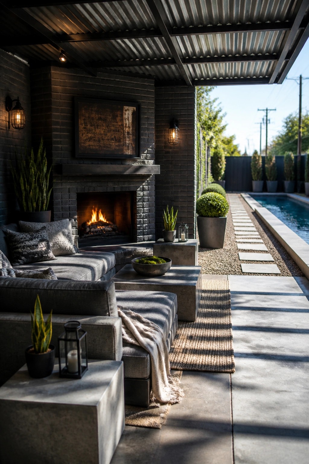 Modern patio with fireplace, gray sofa, concrete tables, lanterns, and pool path