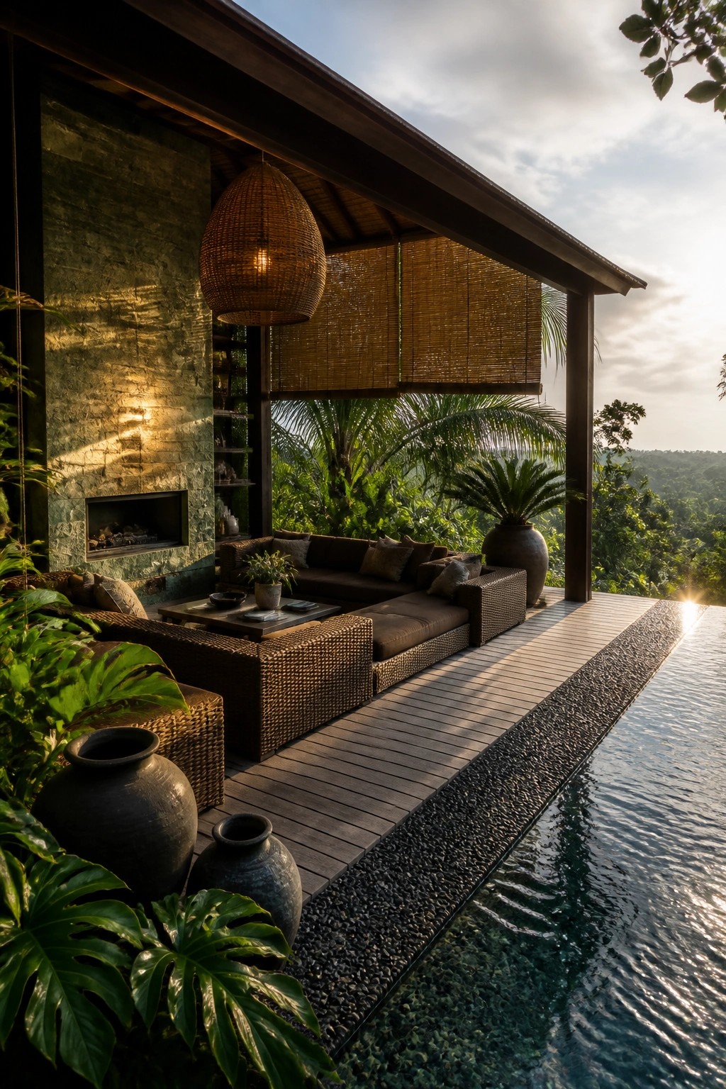 A covered outdoor lounge area with dark woven seating, a stone fireplace built into the wall, and a long pool running alongside the deck overlooking trees.