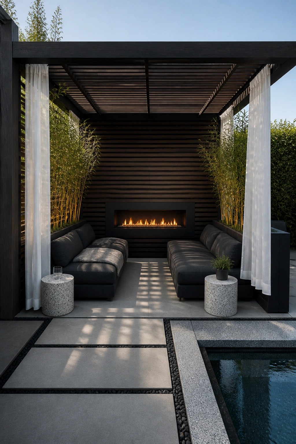 An outdoor cabana with dark wood walls and ceiling, featuring a built-in fireplace on the back wall, two dark lounge sofas facing each other, white curtains on the sides, and a swimming pool visible in the foreground.