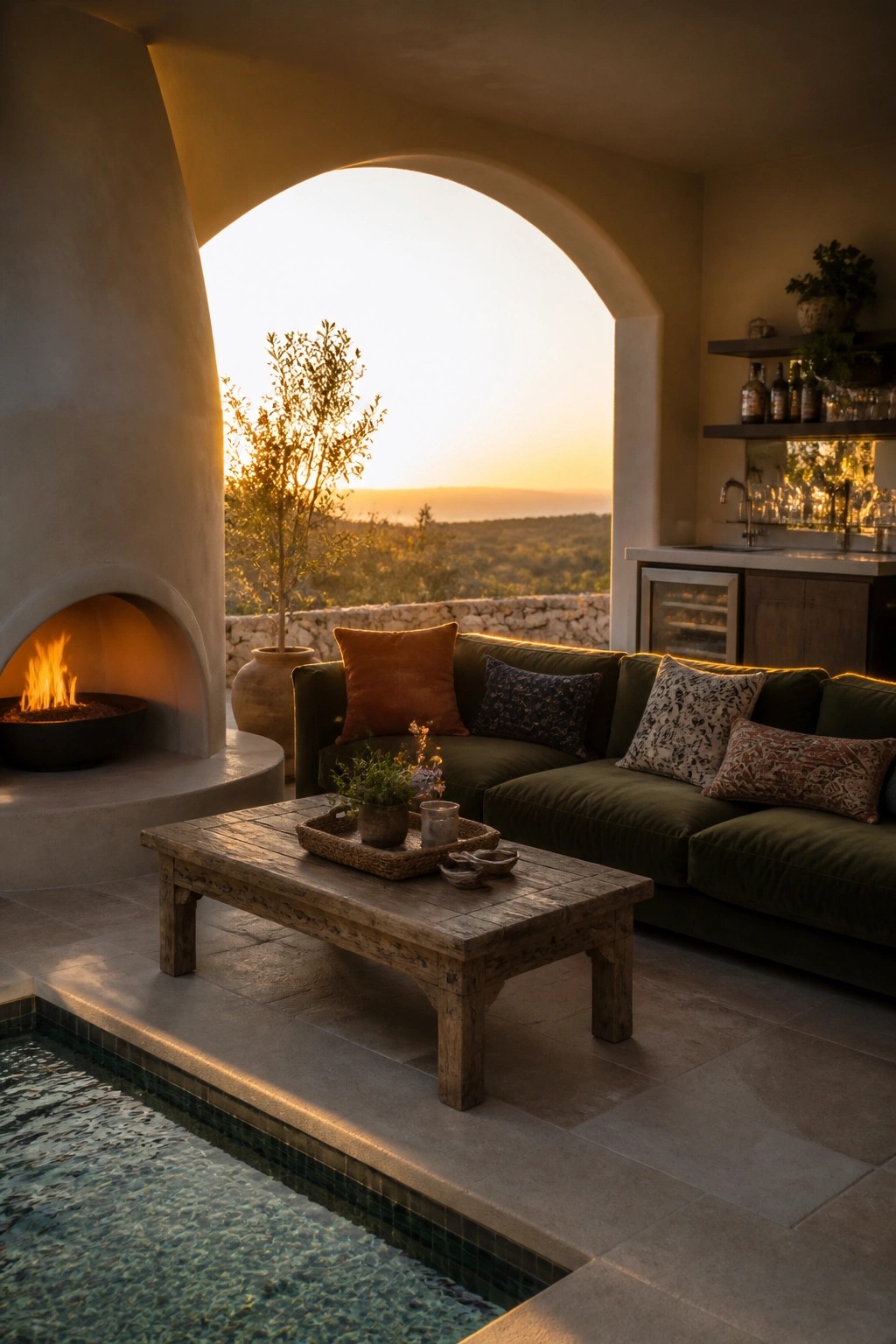 An outdoor patio area shows a curved fireplace on the left, a green sofa with assorted pillows, a wooden coffee table, and a swimming pool in the foreground, with an arched opening framing a sunset view.