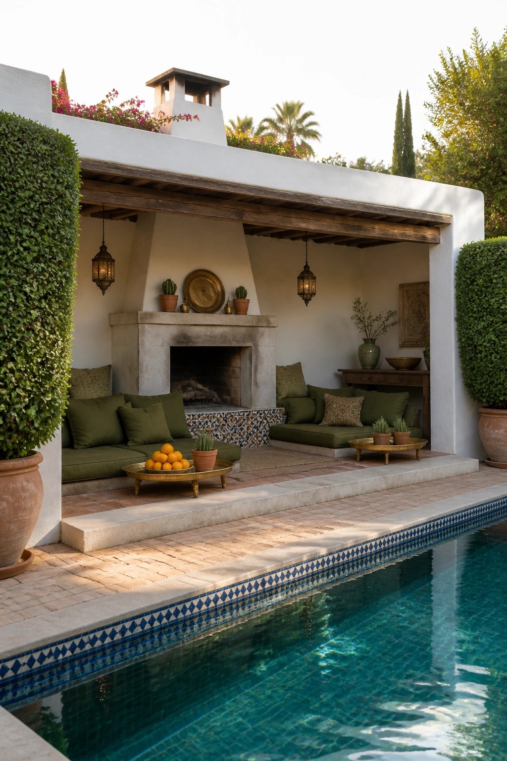 Luxurious poolside patio with stone fireplace, green cushions, and hanging lanterns
