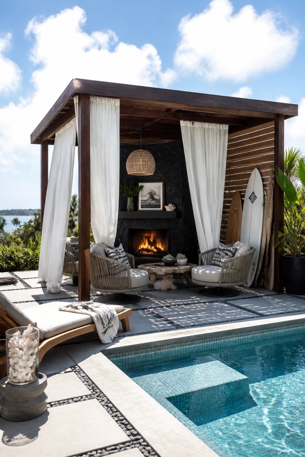 A wooden poolside cabana with a stone fireplace, woven swivel chairs, and white curtains next to a swimming pool.