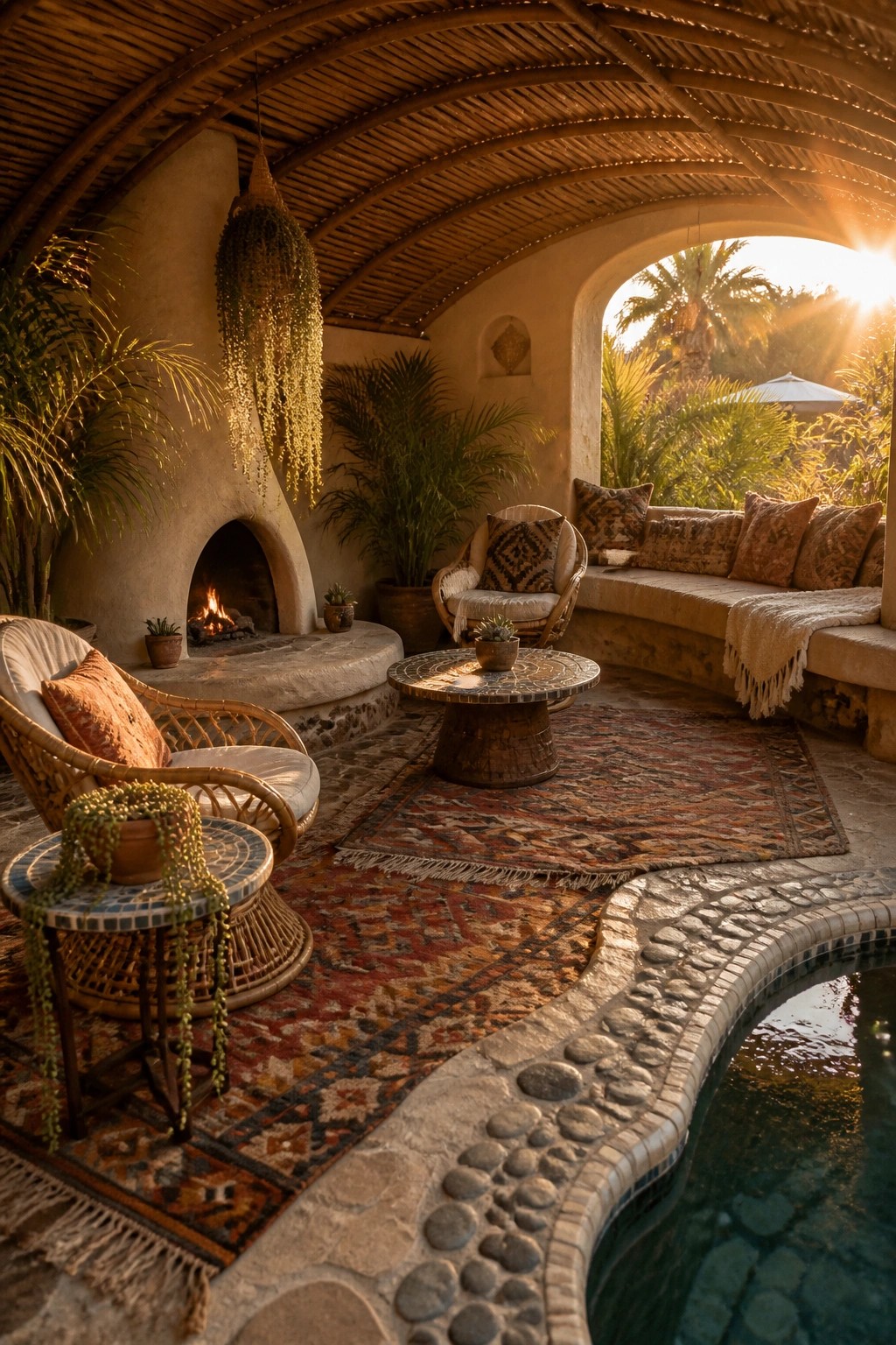 A covered outdoor lounge with a stone fireplace, wicker chairs, a curved bench, patterned rugs, and a pool along the edge.