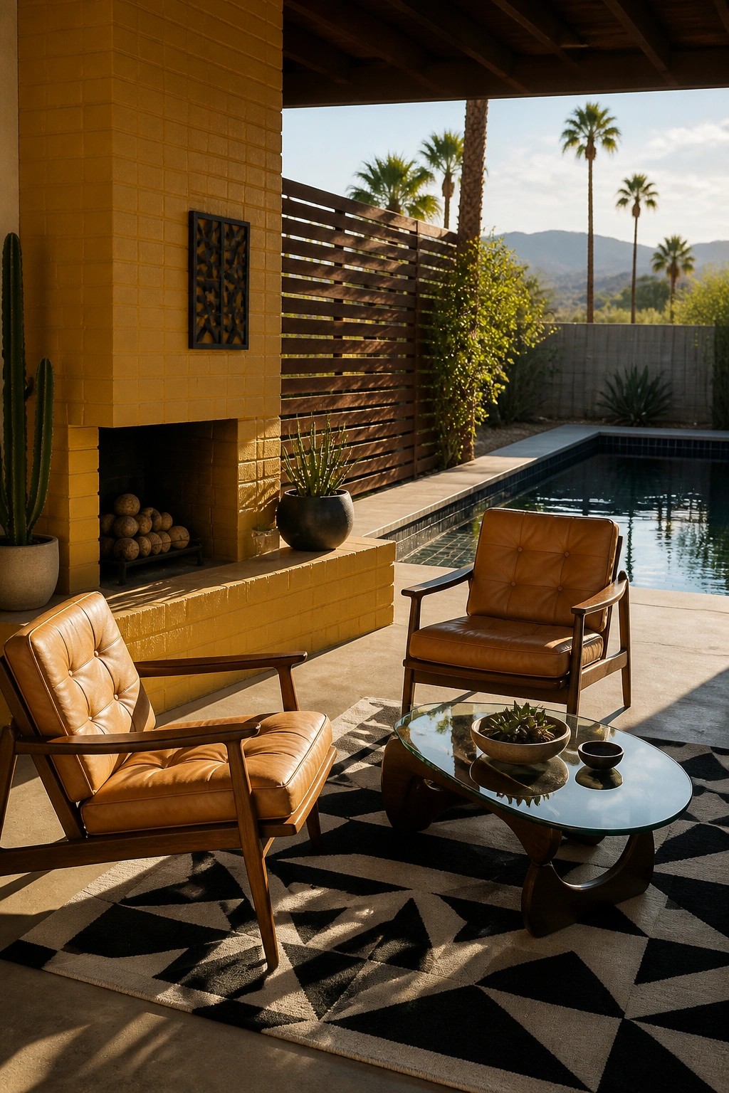 Two brown leather armchairs sit on a black and white geometric rug in front of a yellow brick fireplace, with a glass coffee table and a swimming pool visible to the right.