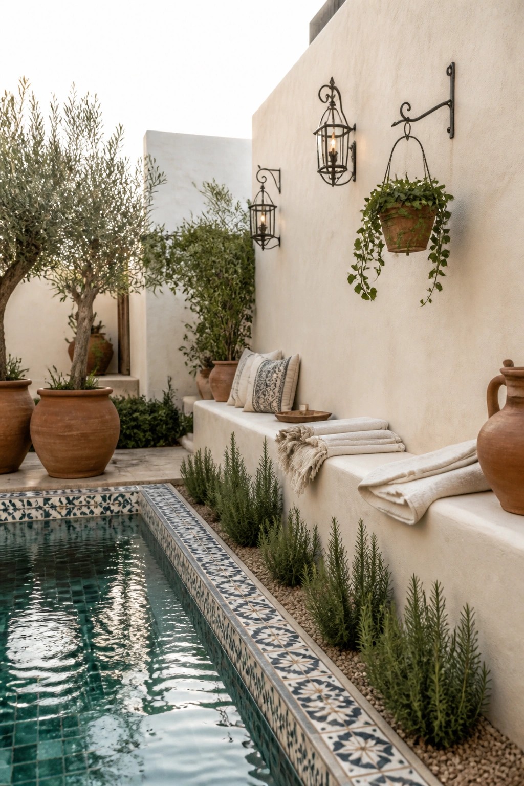 20 Creative DIY Small Pool Ideas on a Budget for Backyard Makeovers A narrow pool with decorative tile borders runs alongside a white stucco wall with a built-in bench holding folded towels and pillows, accented by potted plants and wall-mounted lanterns.