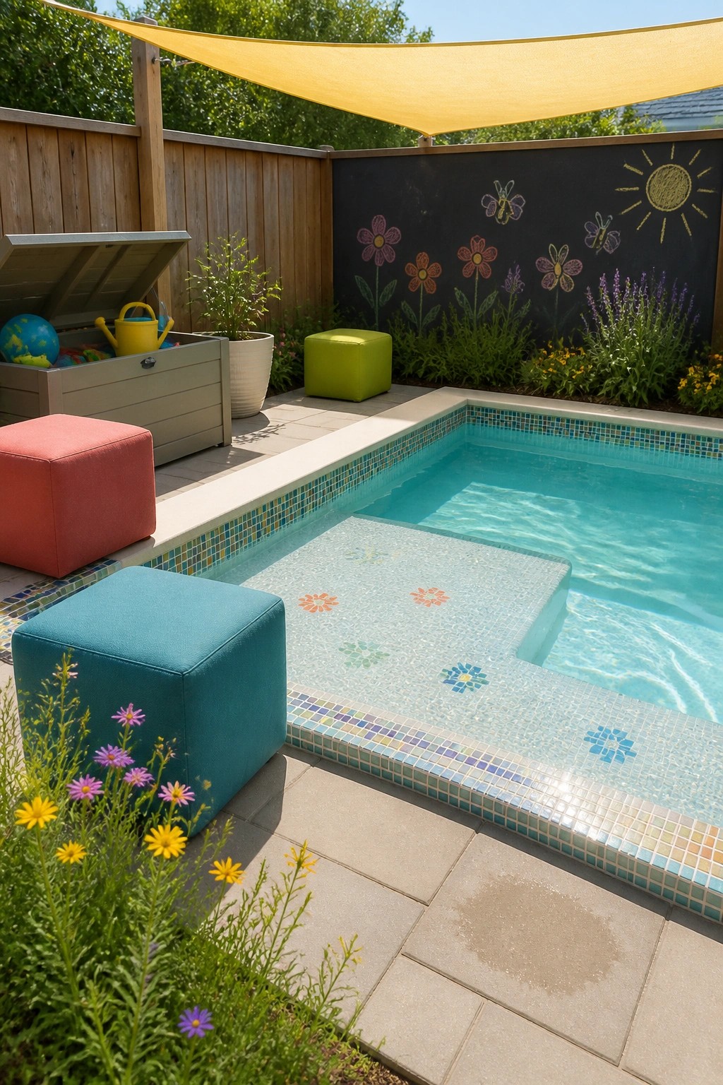 20 Creative DIY Small Pool Ideas on a Budget for Backyard Makeovers A small backyard pool with a black chalkboard wall covered in colorful chalk drawings of flowers, a yellow shade sail overhead, and colorful outdoor ottomans on the paved patio.