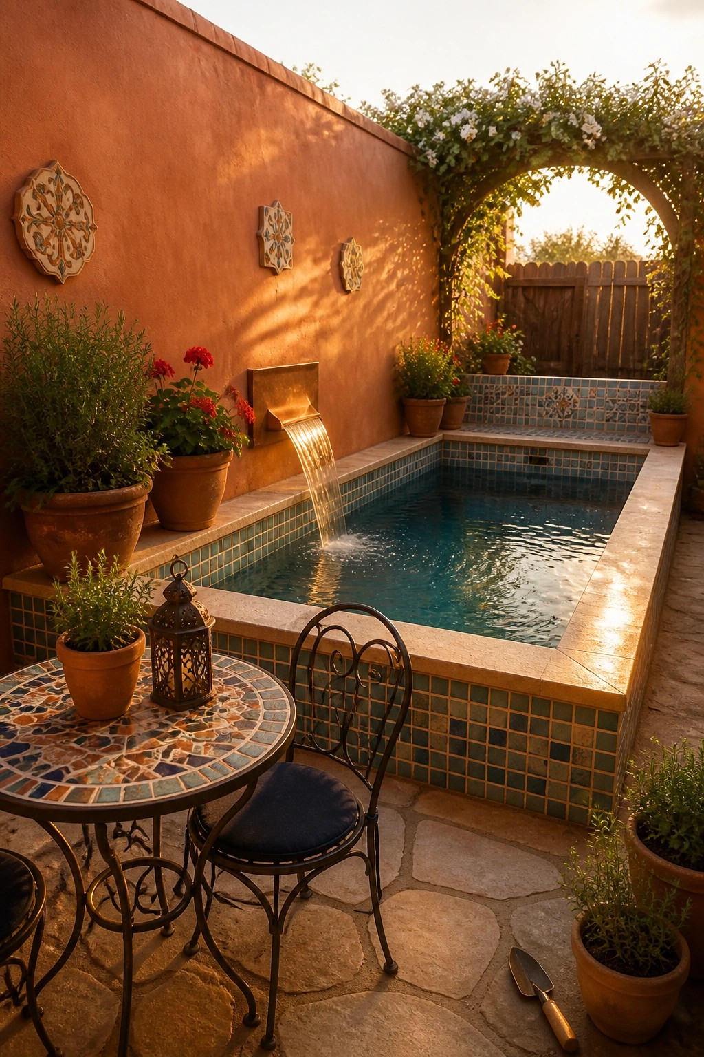 20 Creative DIY Small Pool Ideas on a Budget for Backyard Makeovers A small rectangular pool with blue tile sits against an orange stucco wall, water flowing from a built-in spout, with potted plants and a mosaic table and chair on the stone patio.