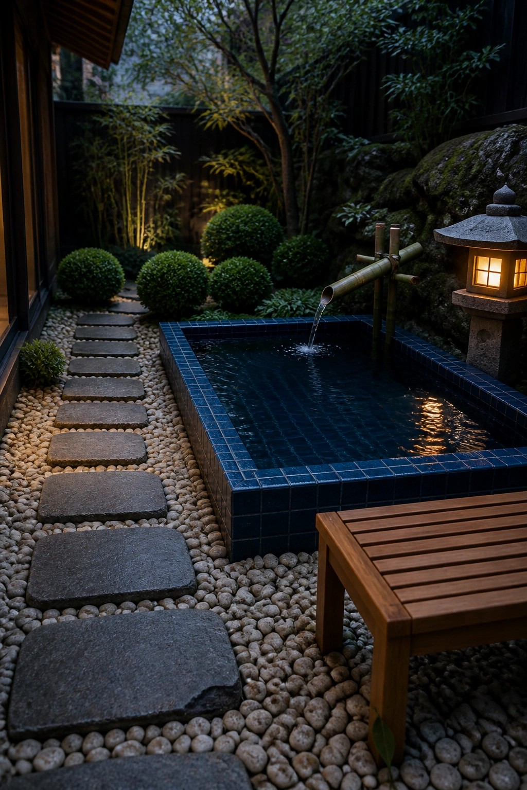 20 Creative DIY Small Pool Ideas on a Budget for Backyard Makeovers A small blue-tiled rectangular pool receives water from a bamboo spout, with pebble ground cover, stone stepping stones, a wooden bench, and a stone lantern nearby.