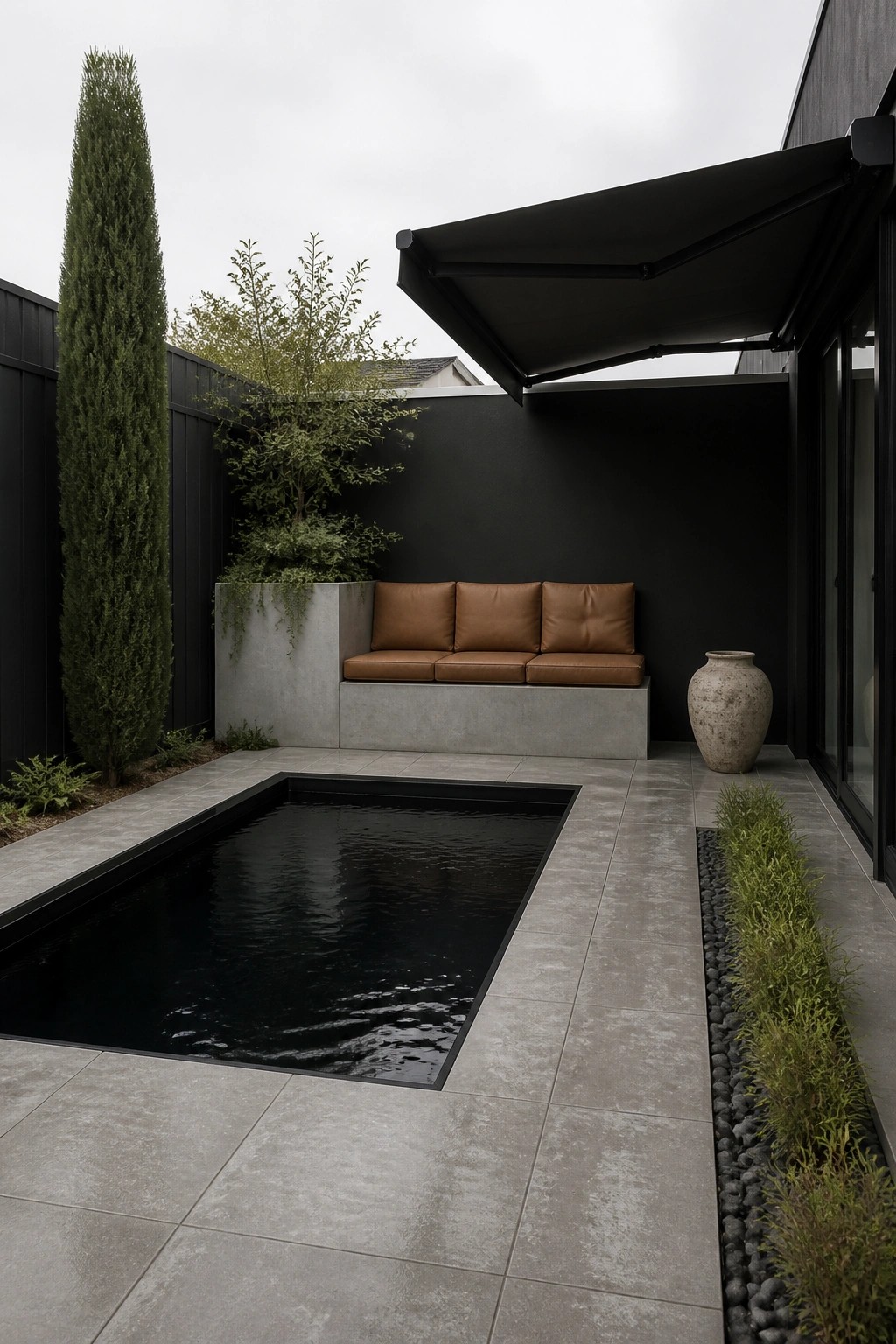 20 Creative DIY Small Pool Ideas on a Budget for Backyard Makeovers A narrow rectangular pool with dark water is set in a gray tiled courtyard beside a built-in concrete bench with brown cushions against a black wall.