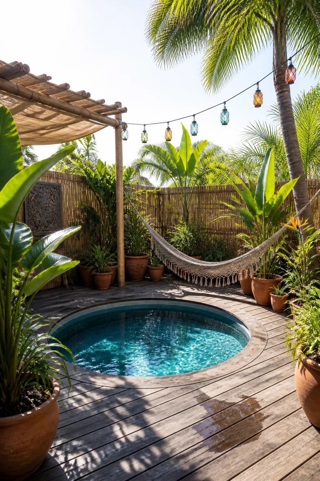 20 Creative DIY Small Pool Ideas on a Budget for Backyard Makeovers Circular pool on wooden deck amid hammock, lanterns, and tropical potted plants