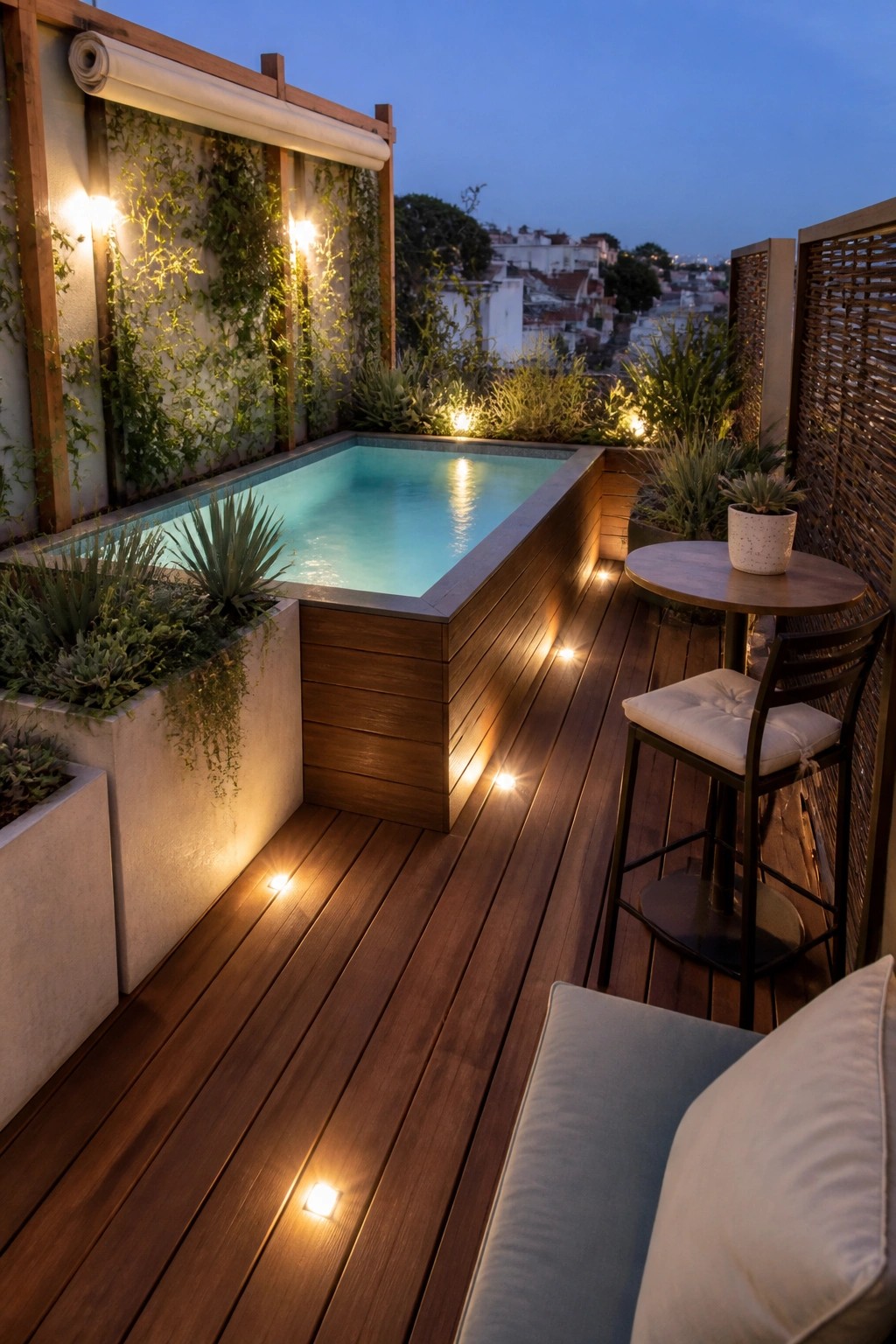 20 Creative DIY Small Pool Ideas on a Budget for Backyard Makeovers A small rectangular pool built into a wooden deck with concrete planters, string lights, and outdoor seating on a rooftop terrace.