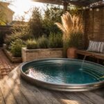 A round galvanized stock tank pool filled with water rests on a wooden deck beside a bench with striped cushions and several large potted grasses.