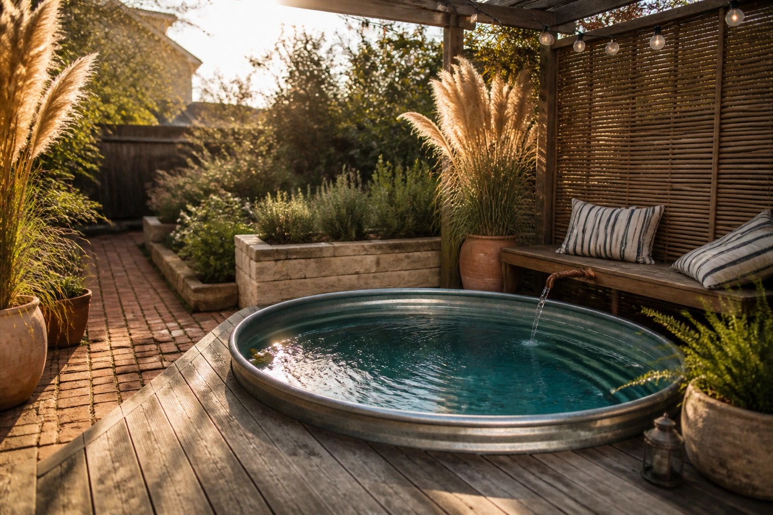 A round galvanized stock tank pool filled with water rests on a wooden deck beside a bench with striped cushions and several large potted grasses.