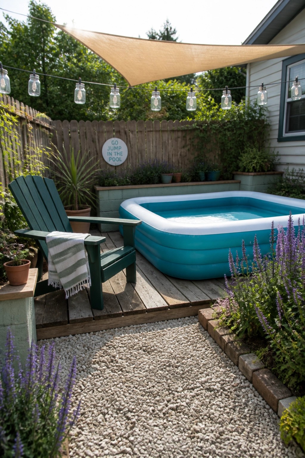 20 Creative DIY Small Pool Ideas on a Budget for Backyard Makeovers An above-ground pool sits on a wooden deck with a beige shade sail stretched overhead, string lights, a green Adirondack chair, and gravel surrounding the area.