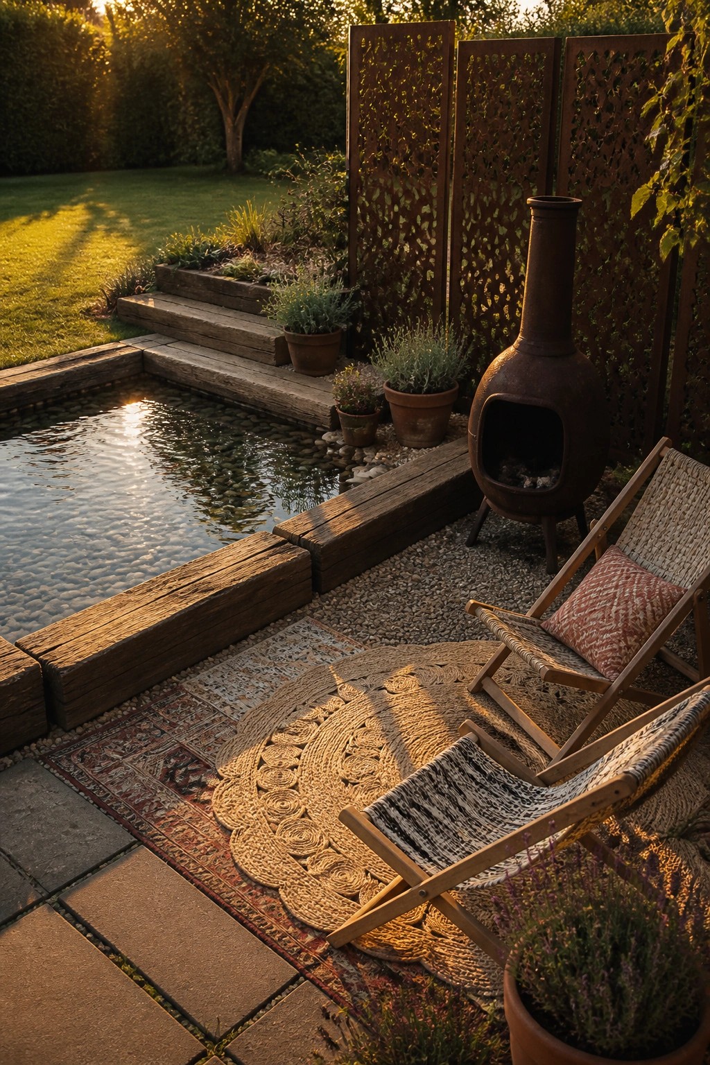 20 Creative DIY Small Pool Ideas on a Budget for Backyard Makeovers Sunlit garden patio with pond, deck chairs, chiminea, and ornate metal screens