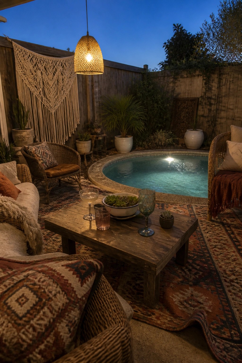 20 Creative DIY Small Pool Ideas on a Budget for Backyard Makeovers A small backyard pool at dusk with layered patterned rugs, wicker seating, a wooden coffee table, and a hanging woven light overhead.