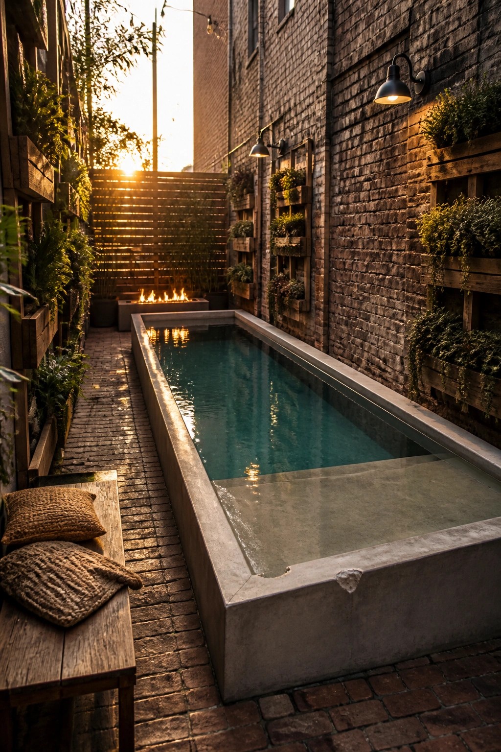 20 Creative DIY Small Pool Ideas on a Budget for Backyard Makeovers Narrow brick courtyard with long turquoise pool, bench, fire pit, and plants at sunset.
