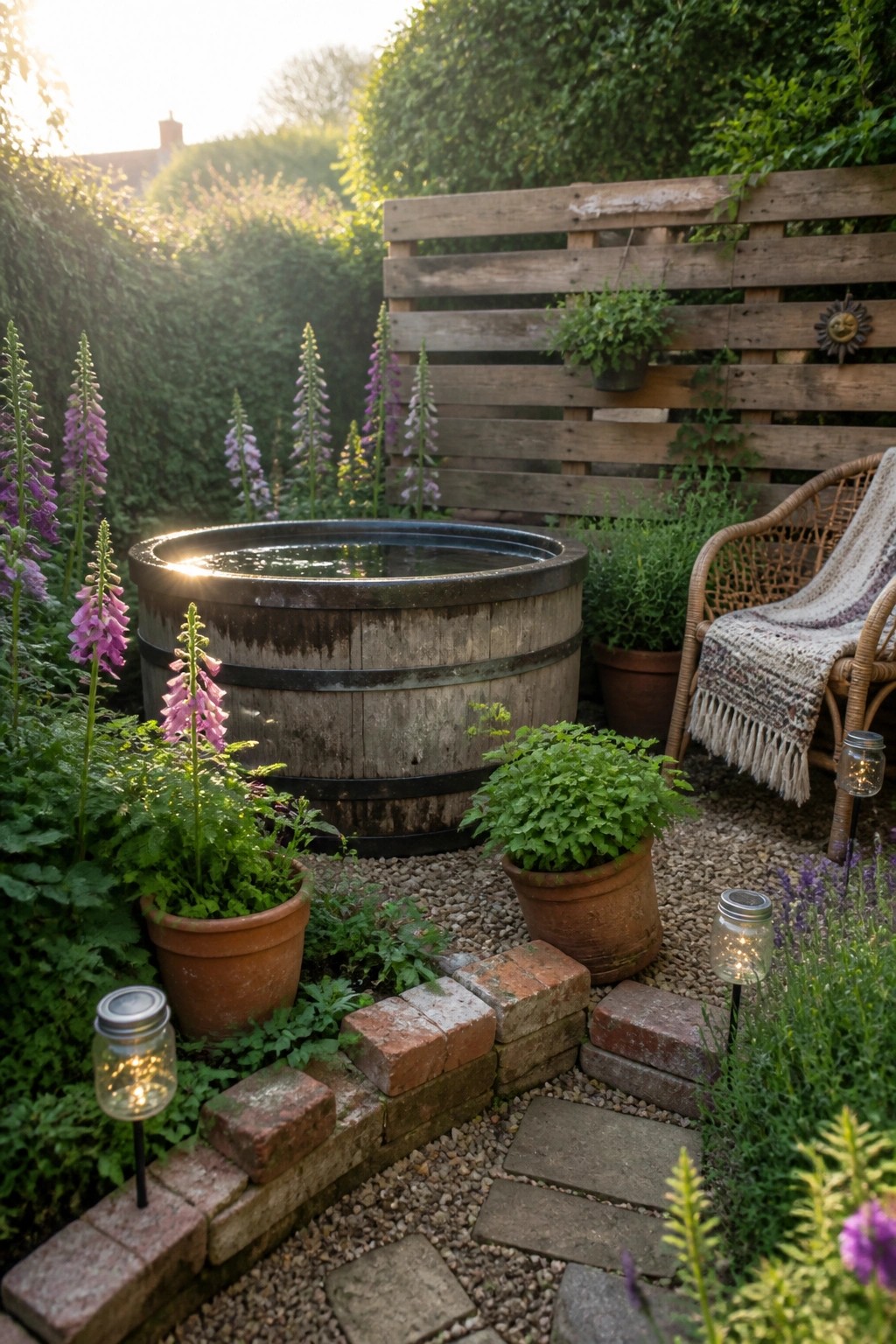 20 Creative DIY Small Pool Ideas on a Budget for Backyard Makeovers A wooden barrel filled with water is used as a small pool in a garden surrounded by potted plants, flowers, a wicker chair, brick edging, and solar lights.