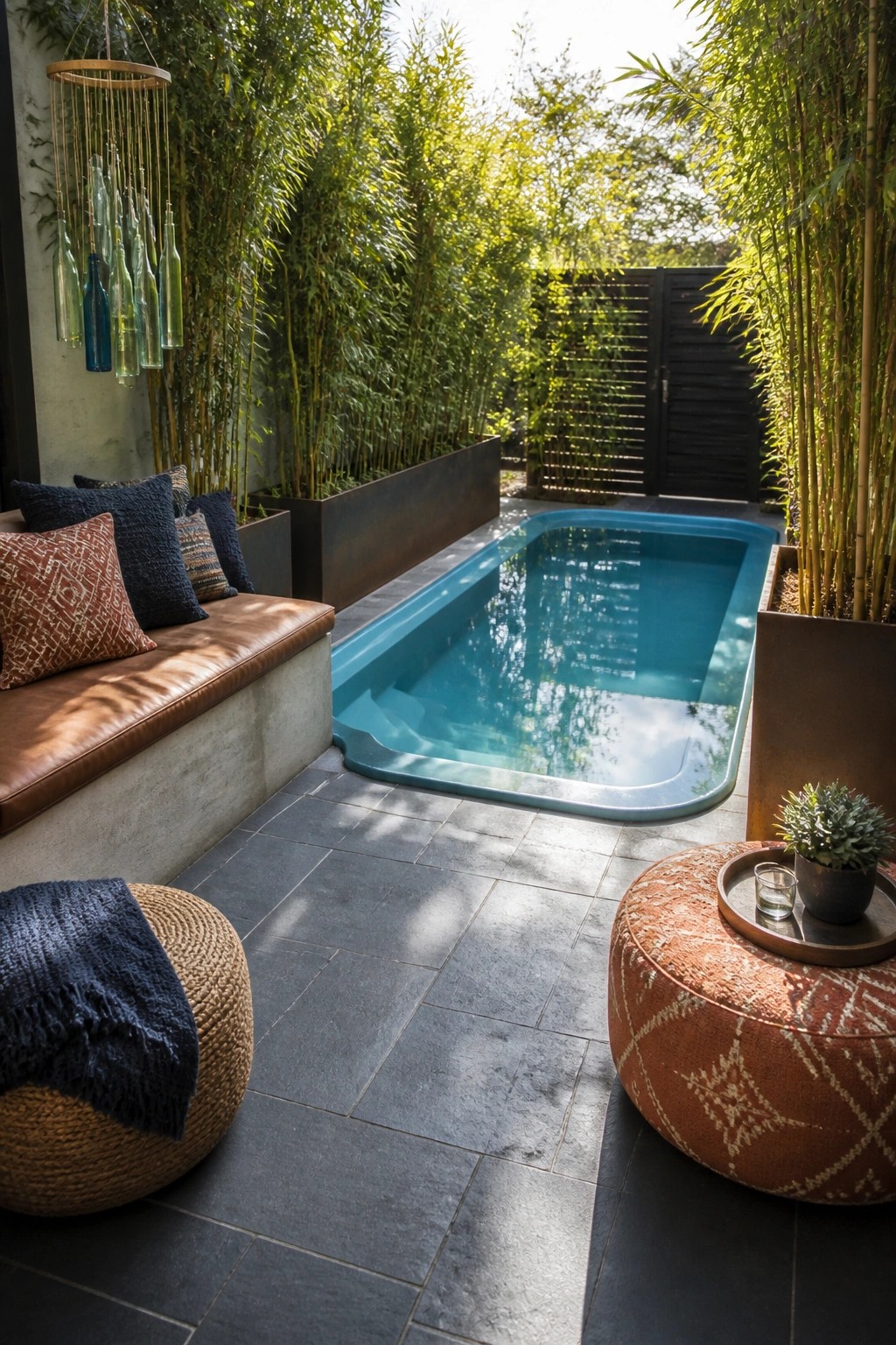 20 Creative DIY Small Pool Ideas on a Budget for Backyard Makeovers A small rectangular plunge pool surrounded by tall bamboo planted in large metal containers, with built-in bench seating and round ottomans nearby on a stone patio.