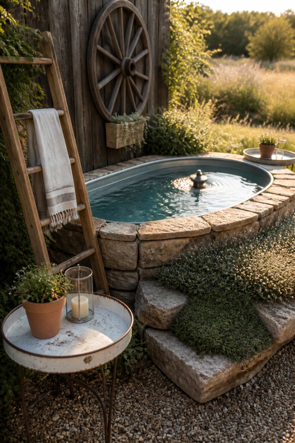 20 Creative DIY Small Pool Ideas on a Budget for Backyard Makeovers A small oval stock tank pool with a fountain sits inside a low stone border next to a wooden wall with a ladder and towel on the left.