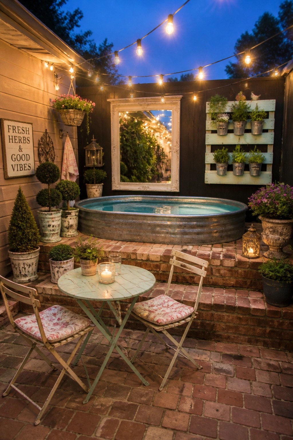 20 Creative DIY Small Pool Ideas on a Budget for Backyard Makeovers A round galvanized stock tank pool rests on a brick patio with string lights overhead, potted plants, and a small table with two chairs.