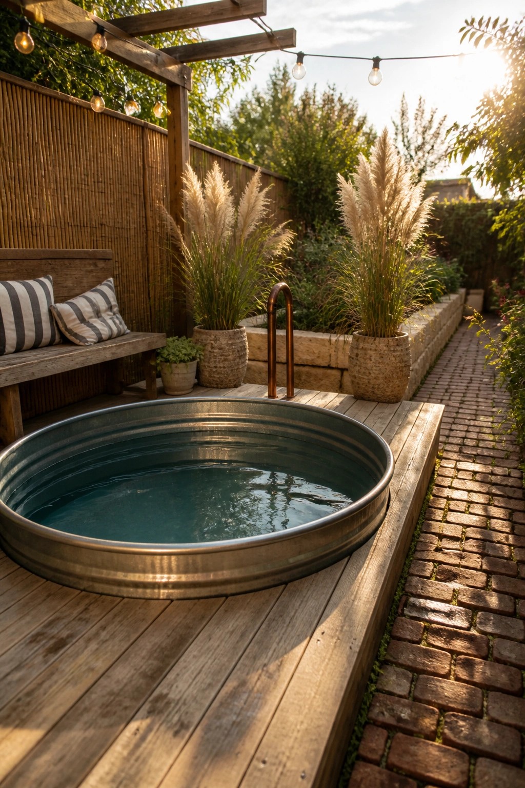 20 Creative DIY Small Pool Ideas on a Budget for Backyard Makeovers A round galvanized stock tank pool filled with water rests on a wooden deck beside a bench with striped cushions and several large potted grasses.