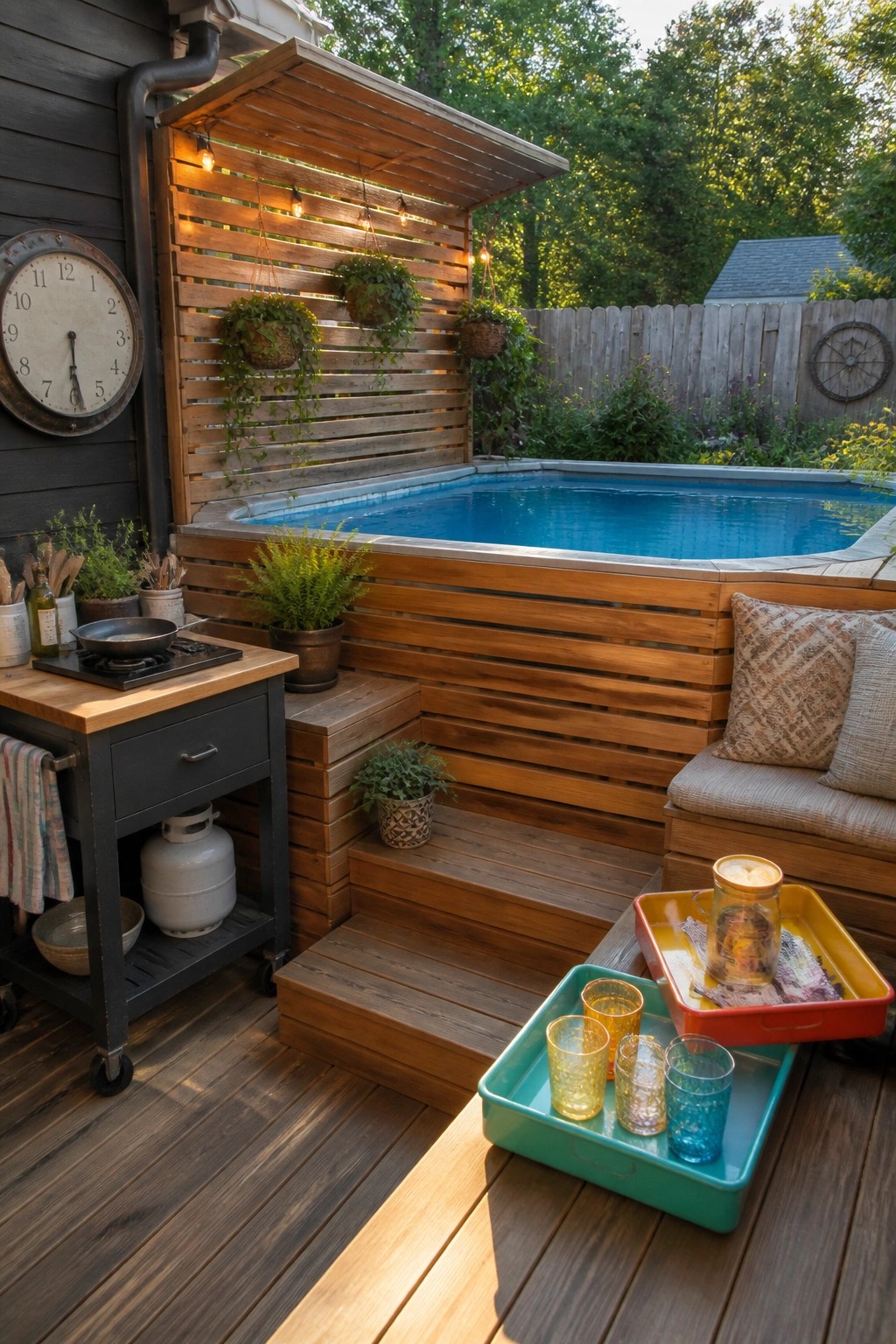 20 Creative DIY Small Pool Ideas on a Budget for Backyard Makeovers A small rectangular pool set into a wooden deck with stairs leading up to it, a slatted wood privacy wall with hanging plants, built-in bench seating with pillows, and a portable cart with a cooktop on the left side of the deck.