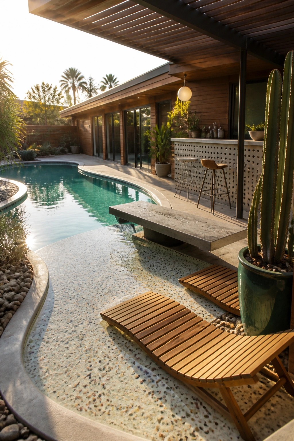 A freeform backyard pool with a curved concrete bench at the edge, wooden lounge chairs, and an outdoor bar area.