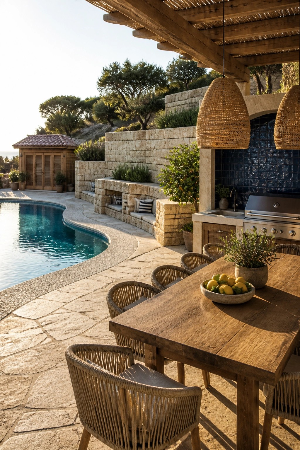 Outdoor wooden table with lemons beside pool and stone kitchen under woven lamps