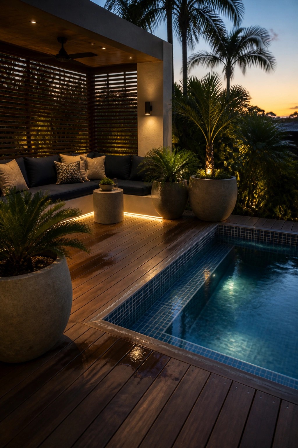 A wooden deck curves around the edge of a rectangular pool with built-in seating, cushions, and several large potted plants.