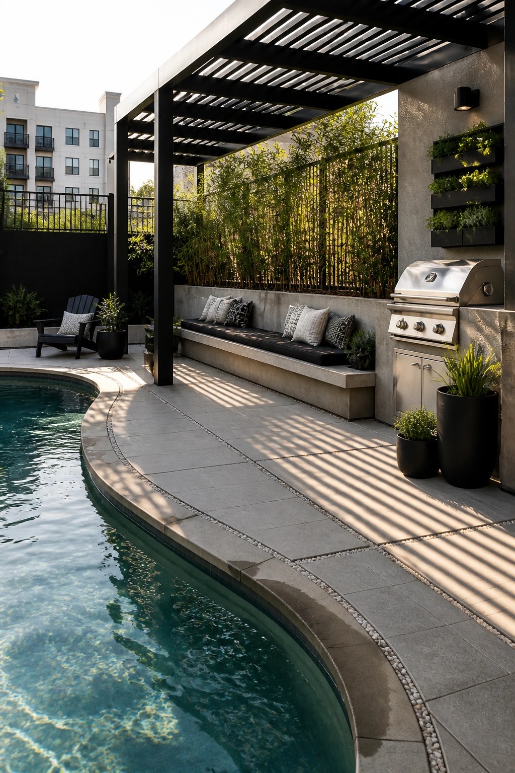 Modern patio with curved pool, concrete bench, grill, and black pergola