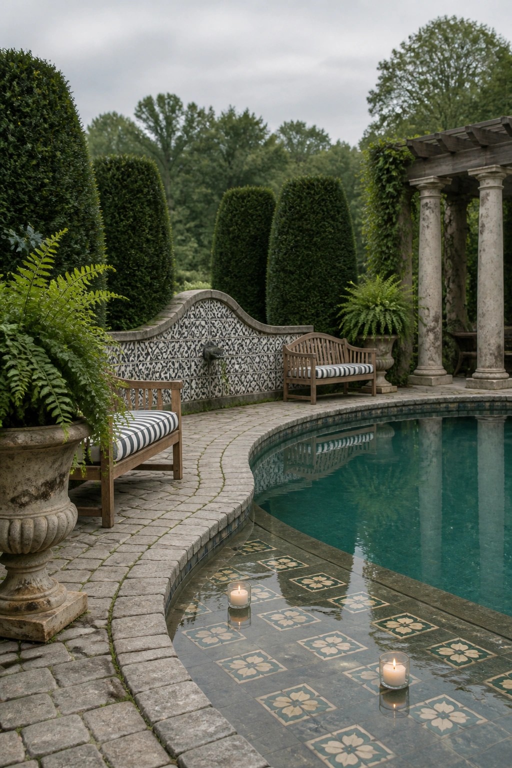 A curved pool with a stone patio border, wooden benches, potted ferns, and floating candles in a garden setting.