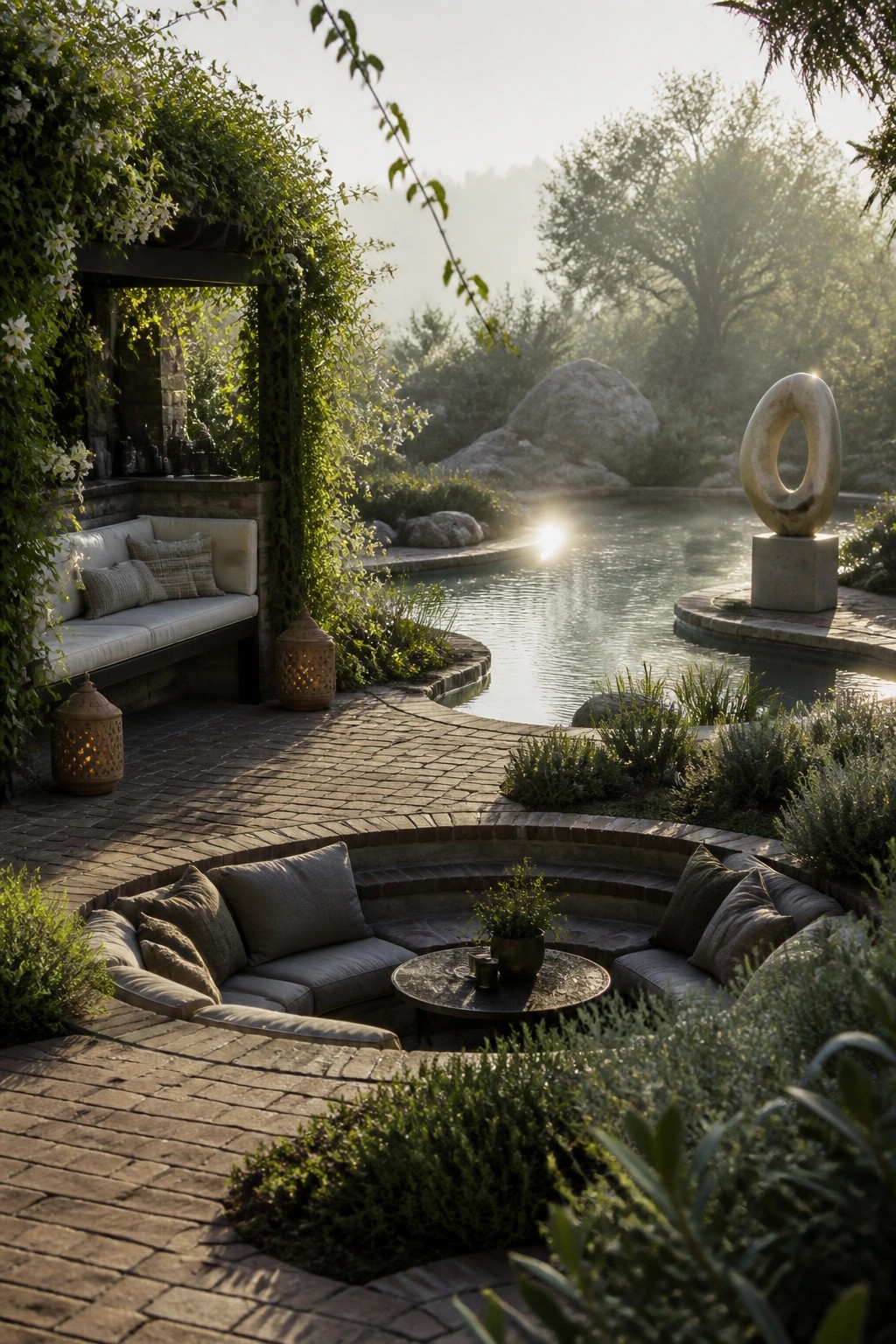 A brick patio with a circular built-in seating area holding gray cushions around a small table, positioned beside a freeform pool with a stone sculpture visible across the water.