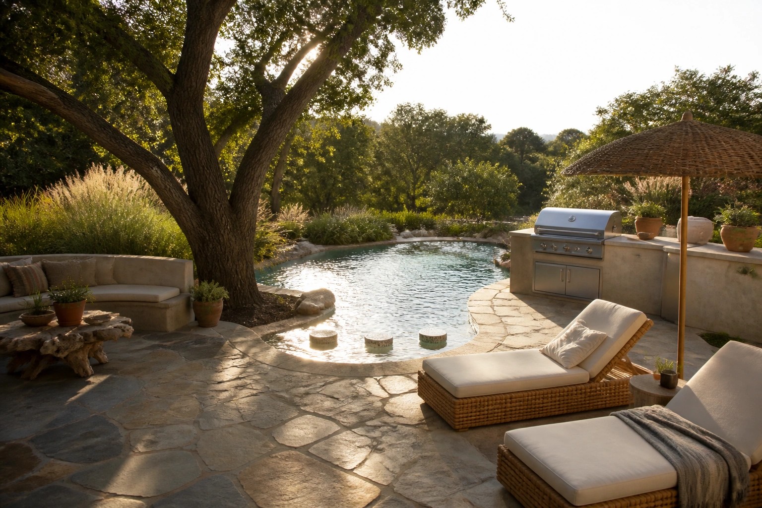 A freeform pool curves around a large tree with a stone patio, lounge chairs, and an outdoor kitchen area.