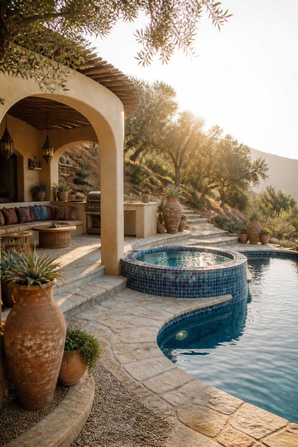 A freeform pool with a circular tiled spa sits on a stone patio beside an outdoor kitchen under a stucco arch, with terracotta pots and hillside steps in the background.