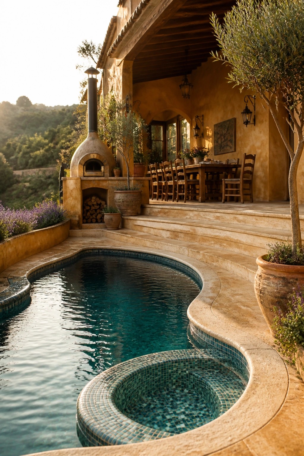 A freeform pool with a round spa curves around a stone patio that includes a built-in pizza oven, long dining table, and large terracotta pots on a hillside.