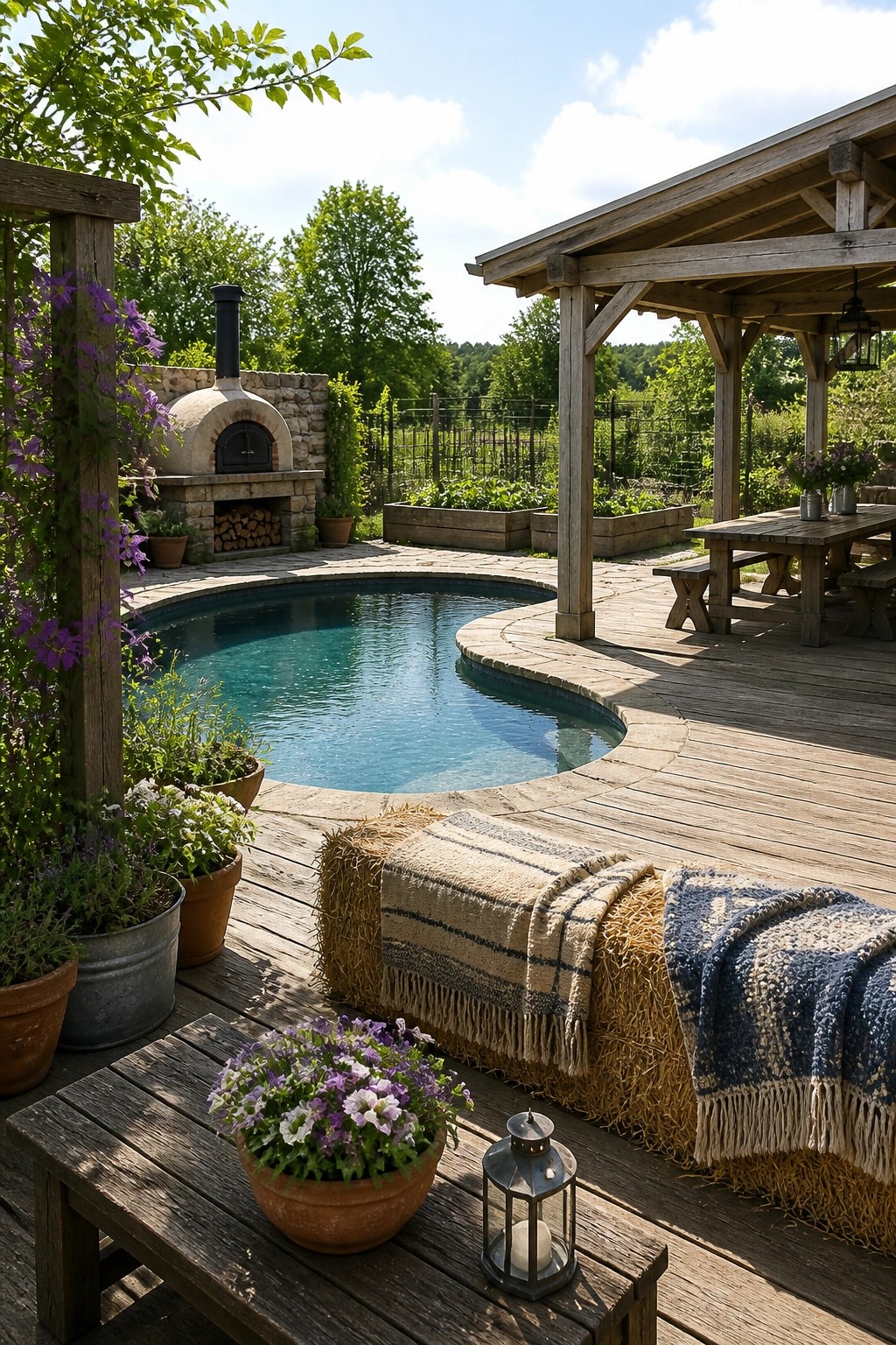 A freeform swimming pool with a wooden deck curving around its edge, next to a pergola, raised garden beds, and a stone pizza oven.