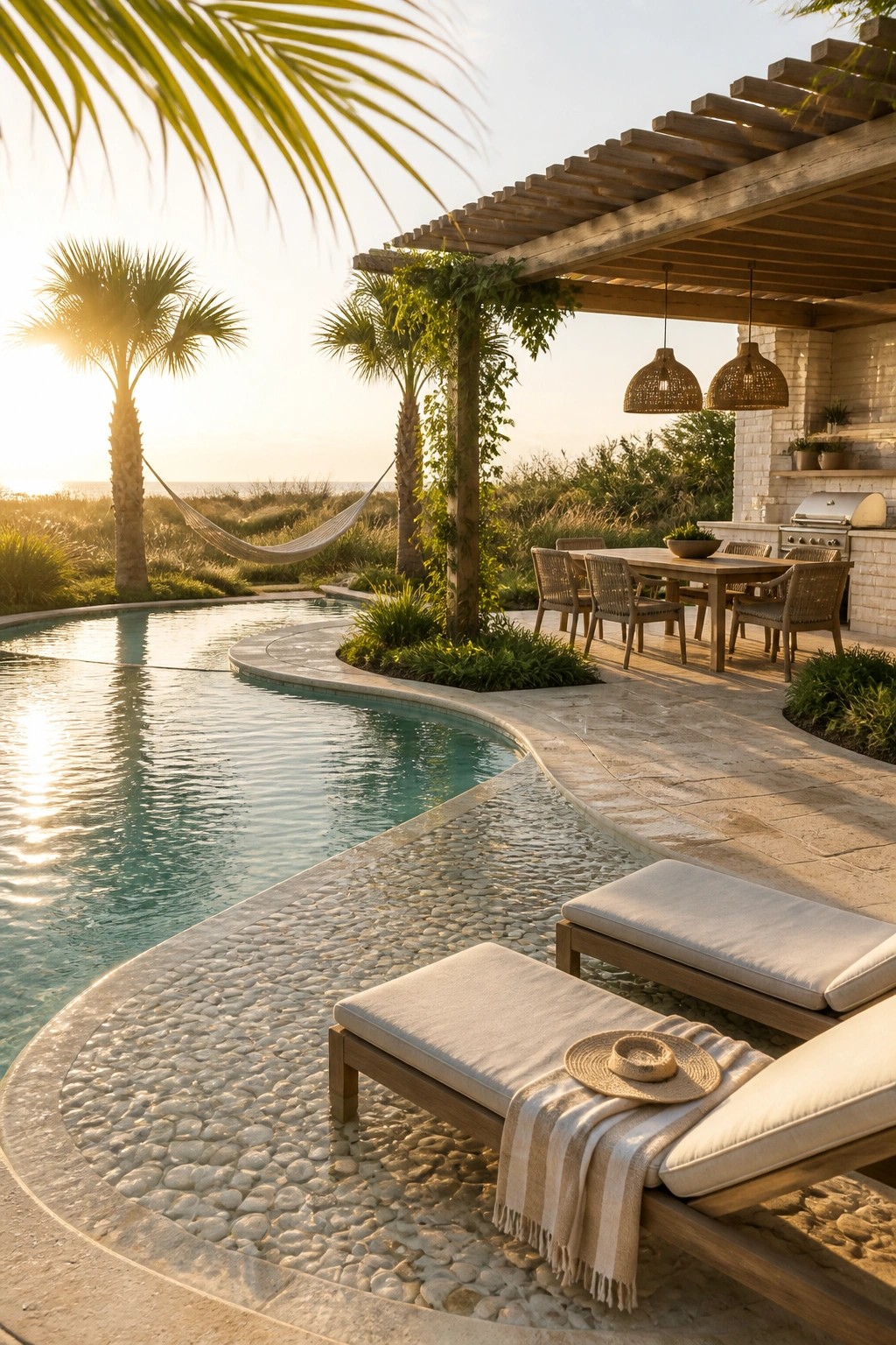 A curved freeform pool with a matching stone patio, two lounge chairs in the foreground, a covered dining area, and a hammock between palm trees at sunset.