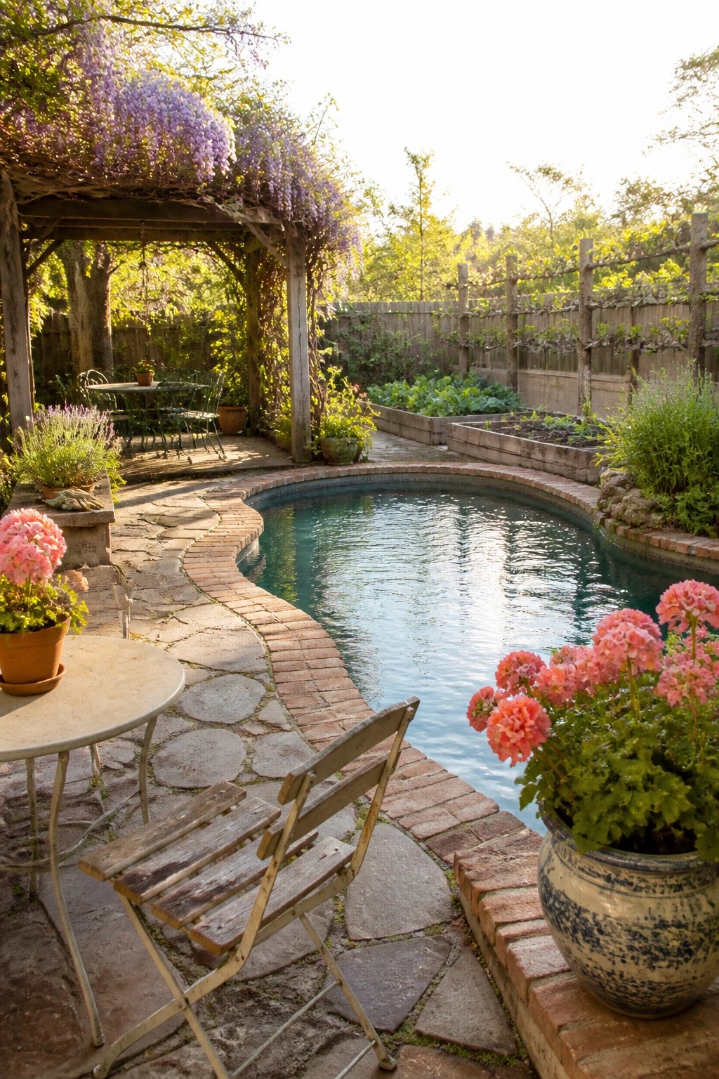 A freeform backyard pool with curved brick edging, stone patio, wooden pergola covered in purple flowers, potted plants, and raised garden beds.