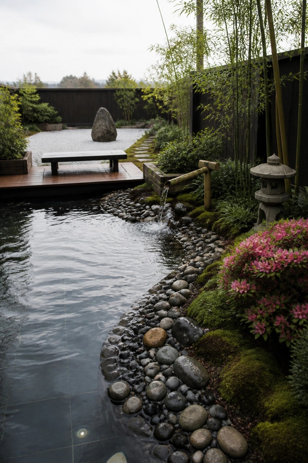 A freeform garden pond lined with irregular stones and moss, featuring a bamboo spout, pink azaleas, and a wooden deck with bench in the background.