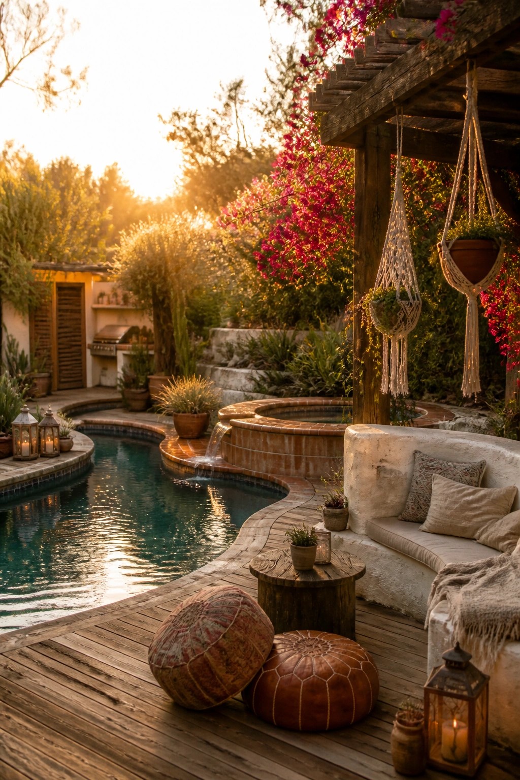 A freeform pool with curved wooden decking, built-in seating, floor poufs, hanging plants, and lanterns in a garden setting.
